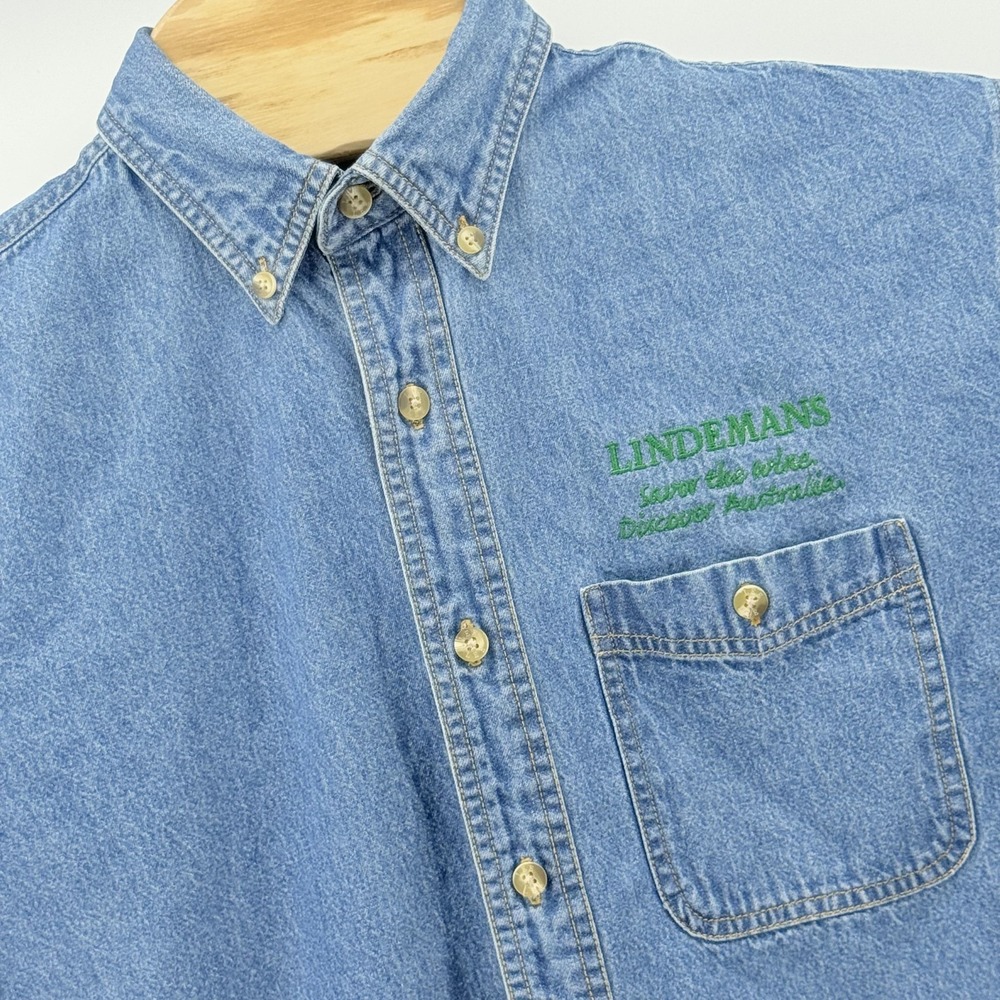 Vintage Lee Denim Shirt Mens Small Blue Button Up Lindemans Wine Australia Promo